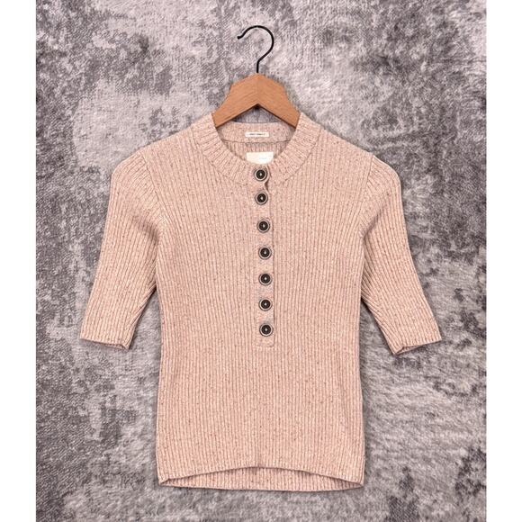 Mother Knit Top XS Womens Oatmeal Ribbed Henley Sweater - Picture 1 of 10